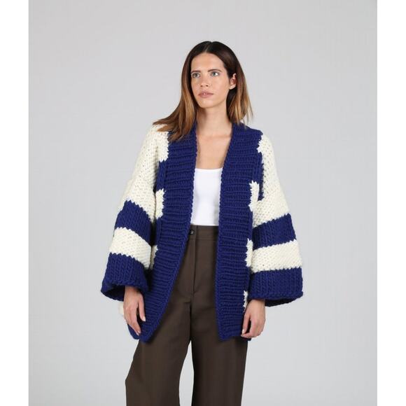 I LOVE MR. MITTENS Bell Sleeve Navy Cream Stripe Cardigan One Size - Picture 1 of 7